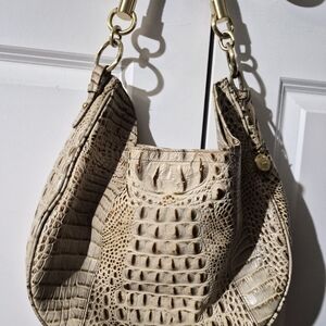 Beige Croc-Embossed Leather Shoulder Bag